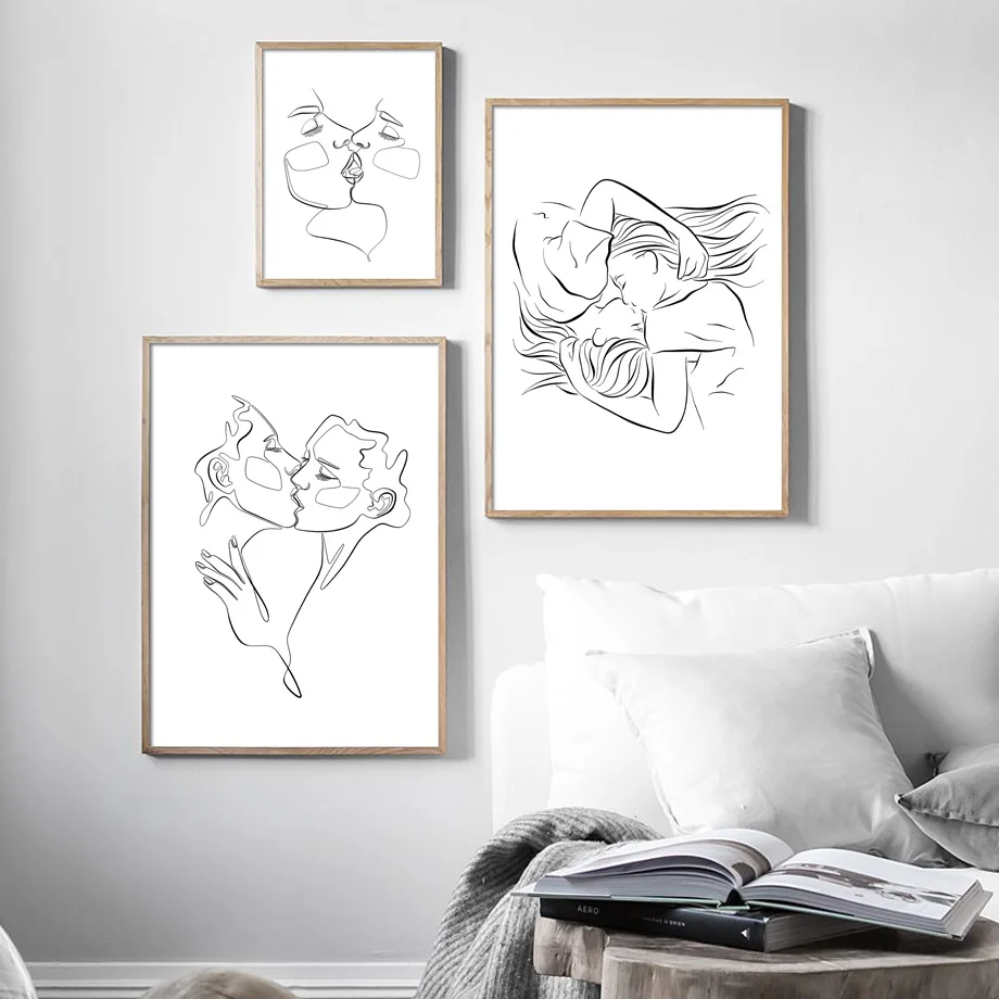 Непрерывный рисунок двух лесбиянок поцелующих каждый настенный художественный