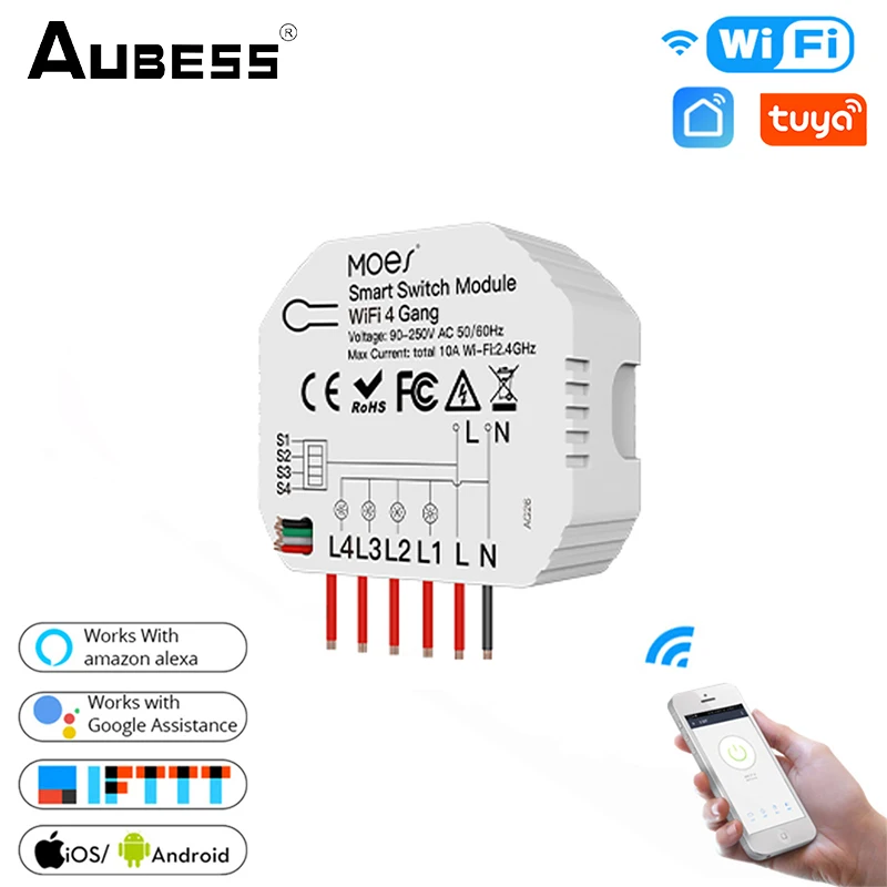 

Aubess WiFi Mini Smart Light Switch 4Gang 1/2 Way DIY Module Smart Life/Tuya App Wireless Remote Control Smart Home Relay Module