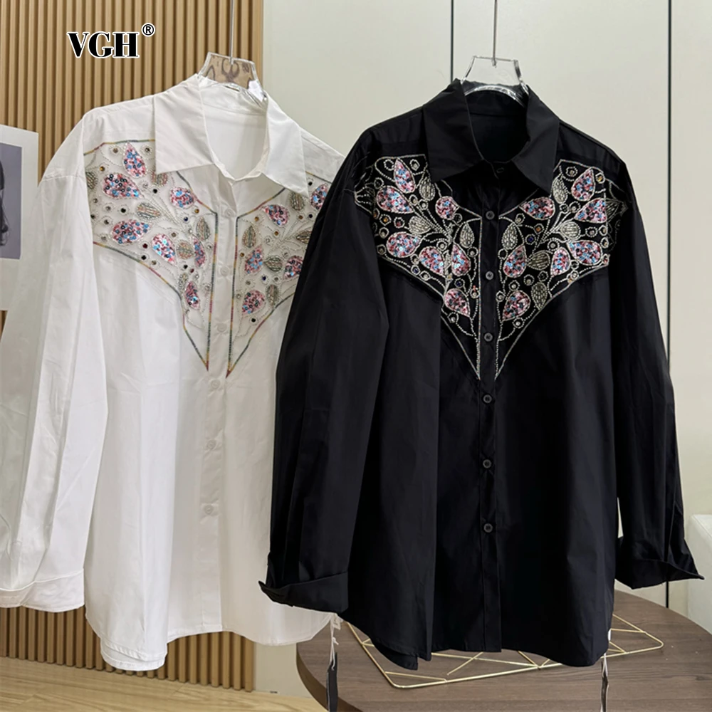 VGH темпераментная рубашка с блестками для женщин лоскутная однобортная блузка