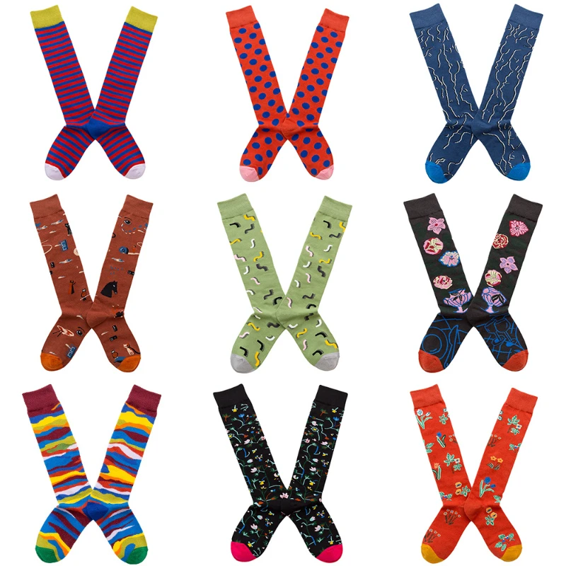 Socks Women's High Tube Calf Knee-length Socks Retro Illustration Art Abstract Street Autumn and Winter Cotton Socks High Sock
