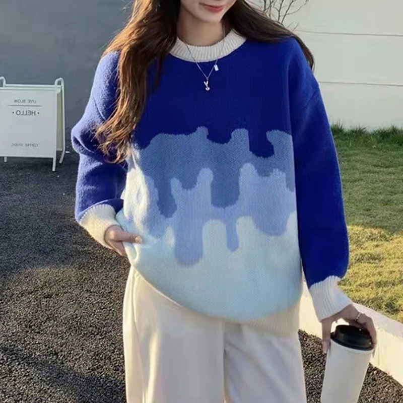 

Combhasaki Women Fairy Gradient Color Sweater Casual Contrast Color Long Sleeve Round Neck Knit Loose Fitting Pullover Tops