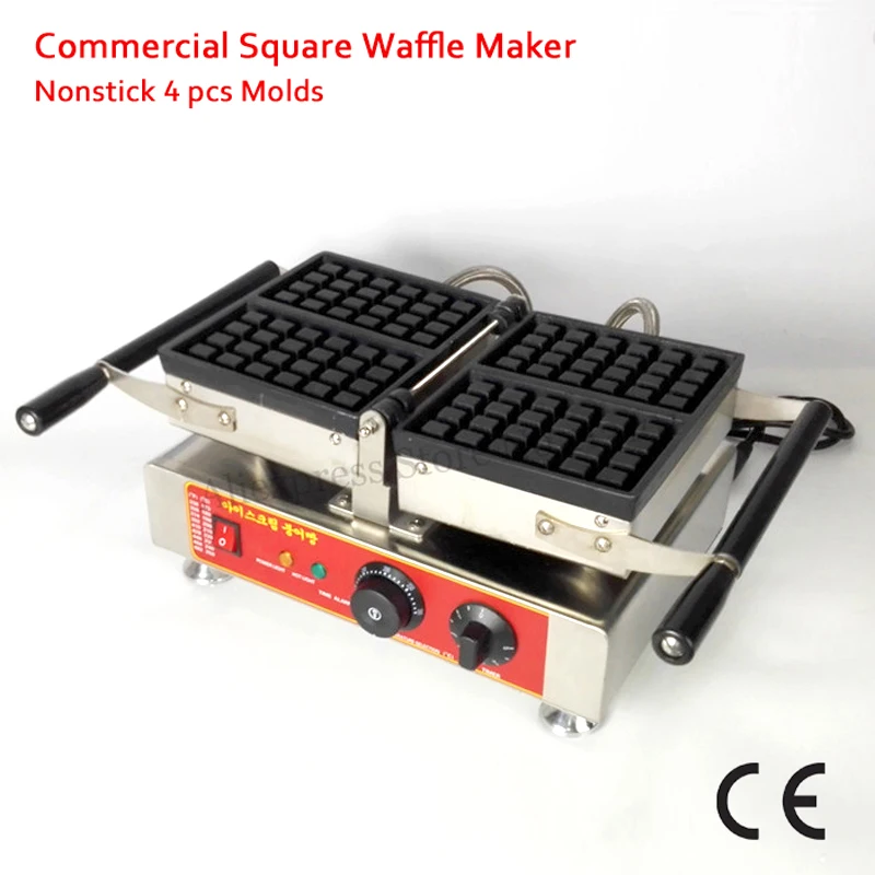 

Commercial Conact Waffle Machine Belgian square waffle maker stainless steel folding type waffle baker with 4 pcs waffle moulds