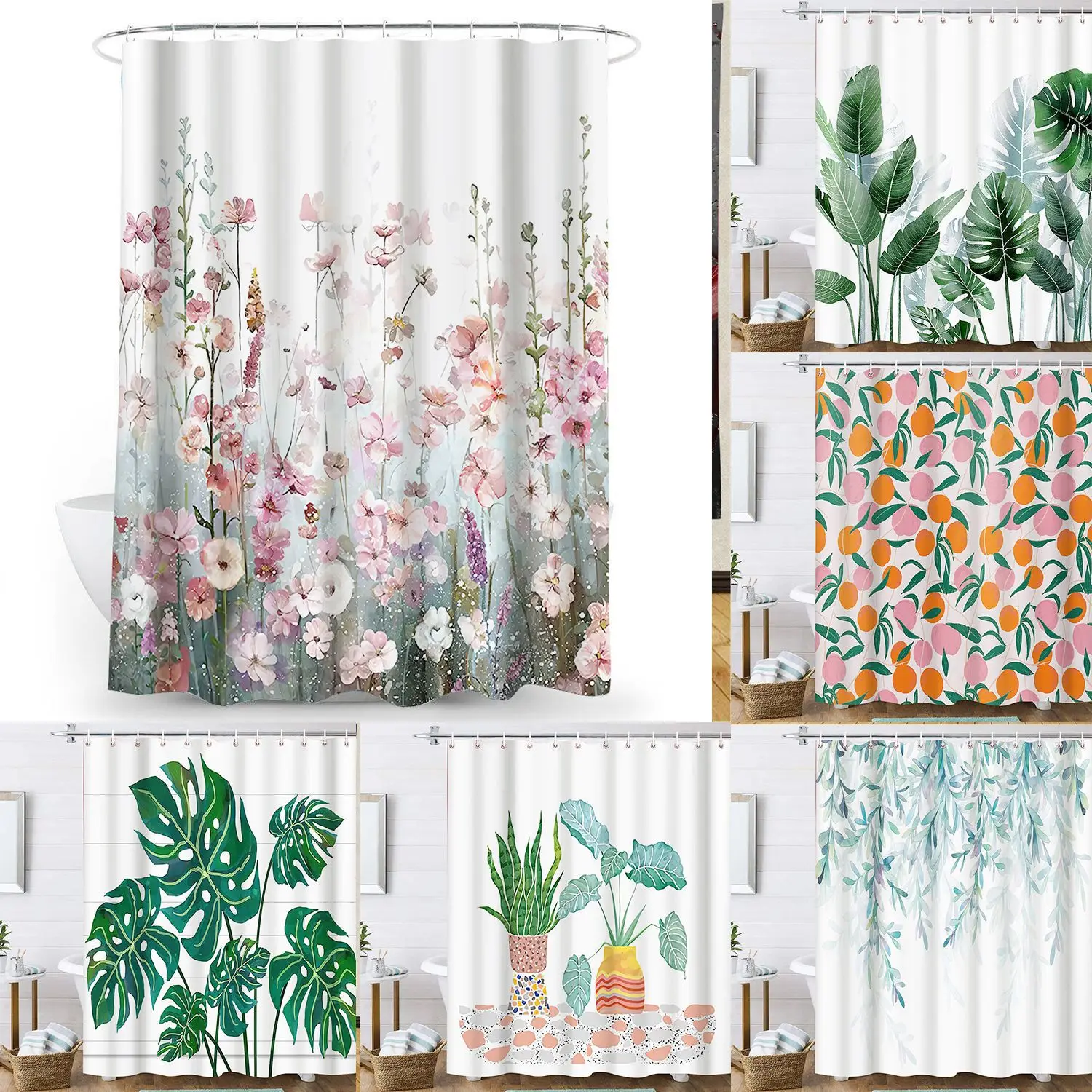

Nordic Style Bathroom Decor Set Plant Flower Pattern Environmentally Friendly Shower Curtain Waterproof and Mildew Proof Rideau
