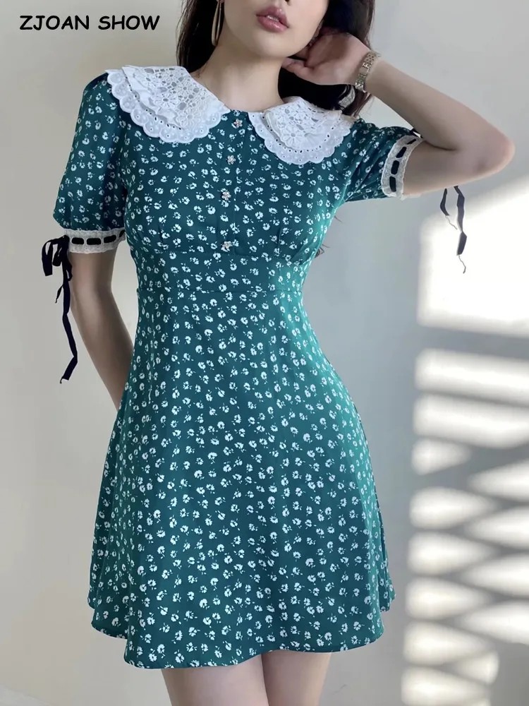 

Женское мини-платье с цветочным принтом, зеленое платье в стиле ретро с отложным воротником «Питер Пэн» и коротким рукавом, праздничное пла...