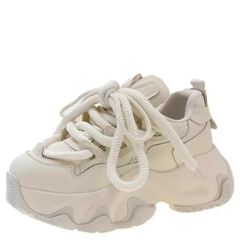 

Autumn Leather Chunky Shoes Women 6CM Heels Platform Sneakers Breathable Tennis Female Vulcanized Shoes Woman Sports Dad Shoes
