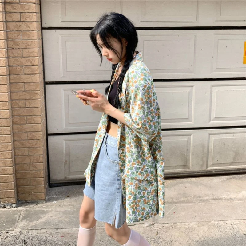A GIRLS Blazers Women Summer Korean Style Design Loose Vintage Floral Fashion Short Sleeve Outwear BF Retros All-match Sweet Ins