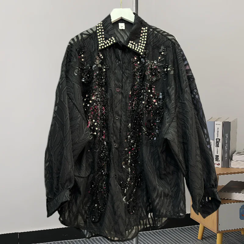Новые блузки на пуговицах с бисером и блестками женские рубашки средней длины