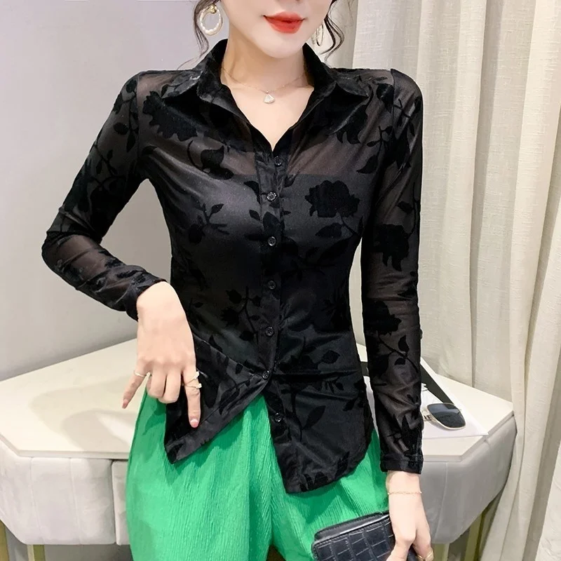 # 4204 зеленая черная сексуальная сетчатая рубашка женская тонкая повседневная