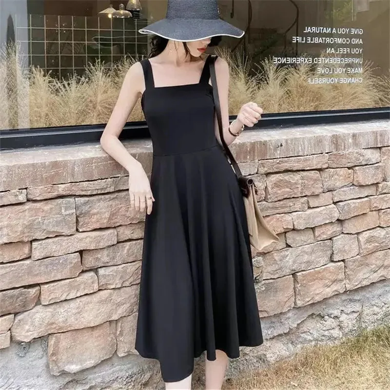 

Dress Women's 2022 Summer New Suspenders Solid Color One-word Neck Pocket Sleeveless A-line Skirt Slim Fashion Female Clothing