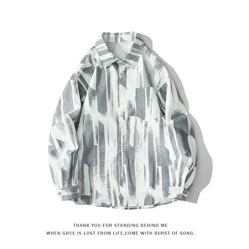 

Extfine Japanese Men Casual Long Sleeve Shirts Streetwear Man Loose Blouse Tops 2022 Korean Printed Male Shirt 5XL