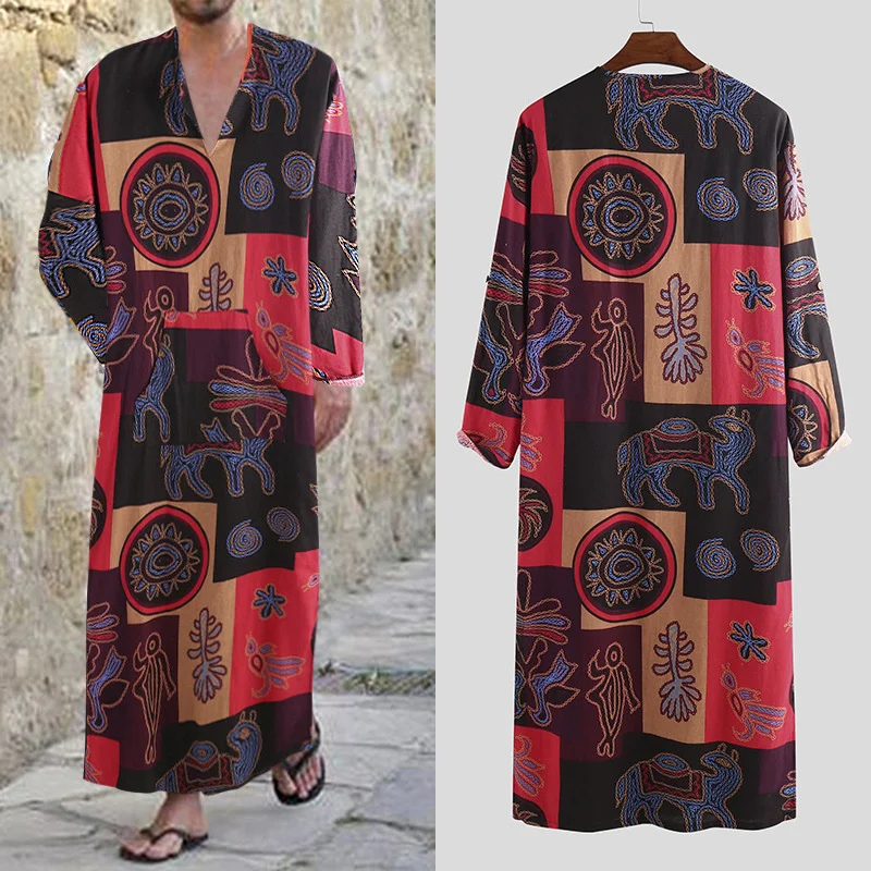 

Abaya Homme исламский арабский кафтан для мужчин галабия с длинным рукавом этнический принт халаты Дубай Ближний Восток 2023 Рамадан мусульманская одежда