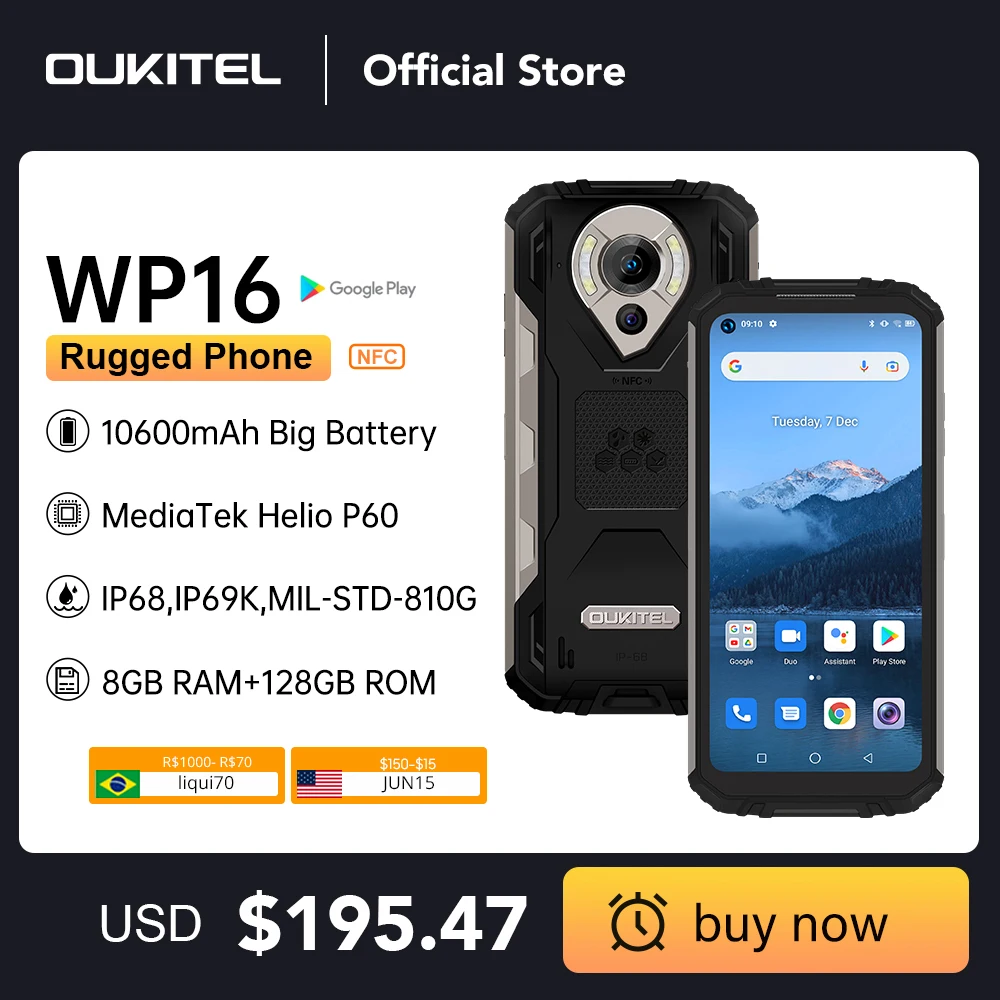 Oukitel WP16 Rugged Smartphone 6.4 8GB + 128GB 10600mAh Octa Core Mobile Phone 20MP Camera Helio P60 Cell Phone NFC
