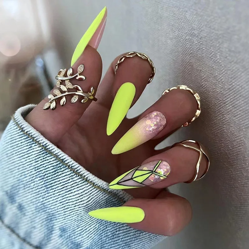 

24Pcs Gradient Yellow Sequins False Nails with Almond Geometry Design Stiletto Press on Nails Long Wearable Fake Nail Tips