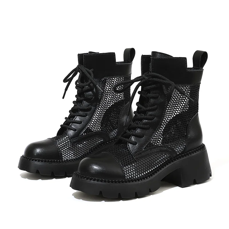 AIYUQI Cool Boots Female Genuine Leather 2023 New Vintage Hollow Out Female Ankle Boots Mesh Gauze Summer Boots Short Female
