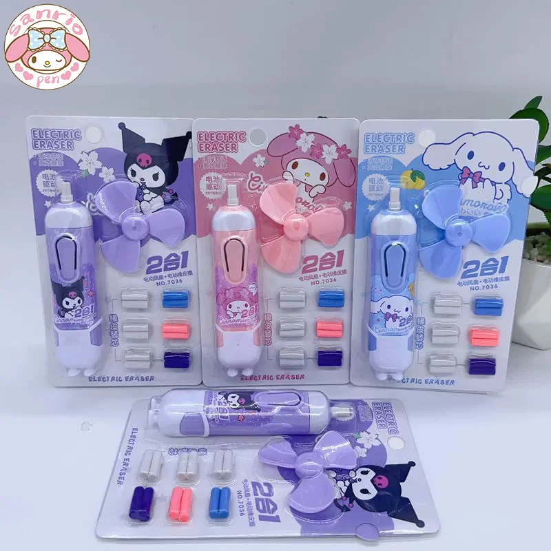 

Sanrio New Eraser 6/12pcs Electric Fan Cute Portable Leather Stationery Set Kawaii Learn Stationery Gifts Primary School Student