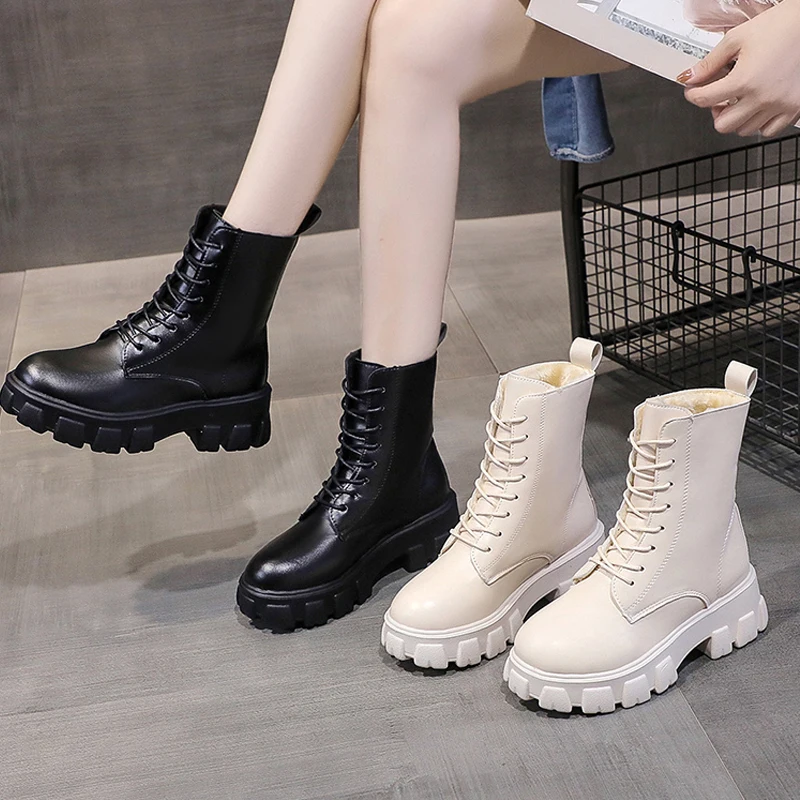 

2022 Ladies PU Leather Martin Boots Women Autumn New Women Ankle Boots Platform Thick Heel Motorcycle Boots Woman Mid Calf Boots