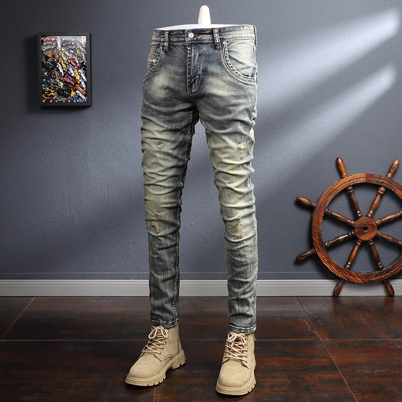 

Новые винтажные модные мужские джинсы в стиле ретро желтые синие потертые эластичные облегающие рваные джинсы мужские ретро Дизайнерские ...