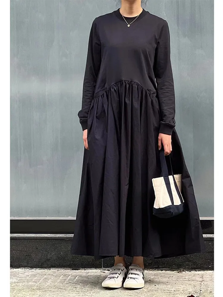 

Women Pleated Spliced Pockets O-Neck Long Sleeve Solid Color Loose Midi Dress