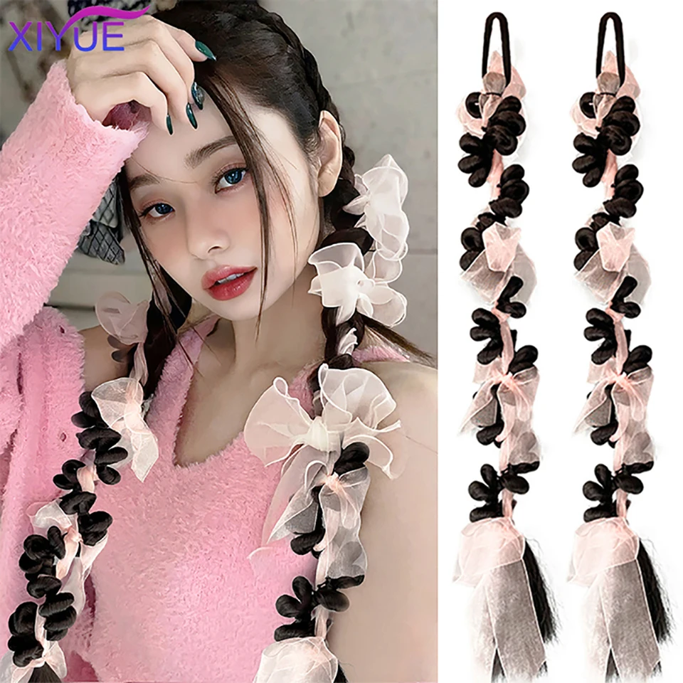 XIYUE 2PC Pink Ribbons tTwisted Tail Clip In Ponytail Hair Extension Heat Resistant Synthetic Natural Double Horse Tail