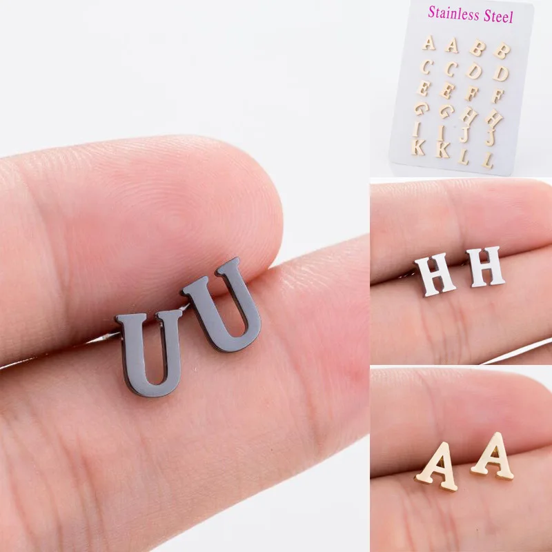 

Personalized Tiny Silver Black Gold Plated Alphabet Letter Earrings Cute Stainless Steel Initial Letter Stud Earrings