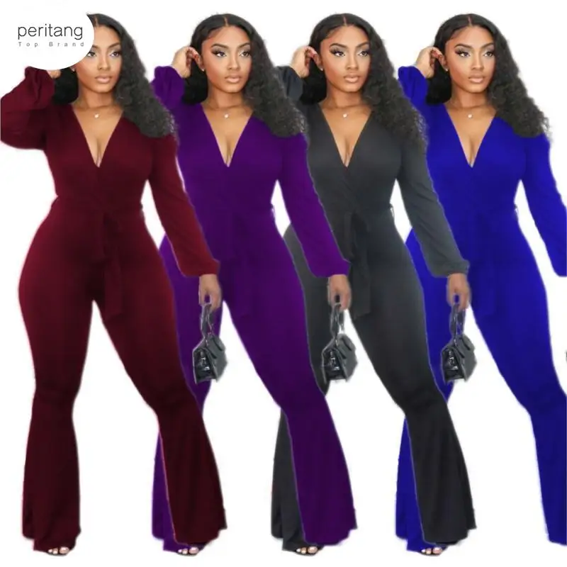 

Женские однотонные комбинезоны с длинным рукавом, комбинезоны с отложным воротником и высокой талией и широкими штанинами, свободные Делов...