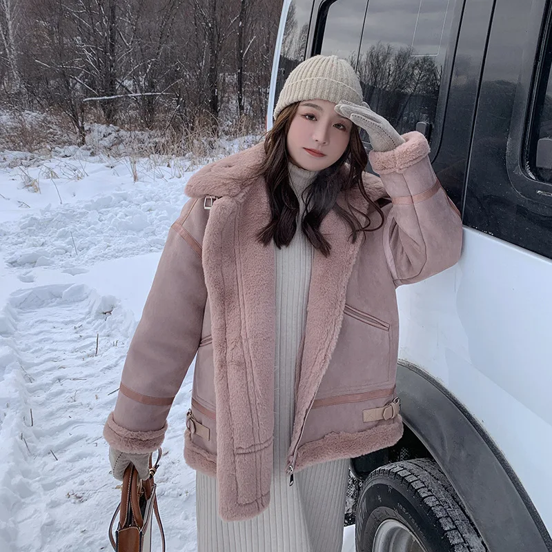 Pink lambswool coat women's winter thick coat
