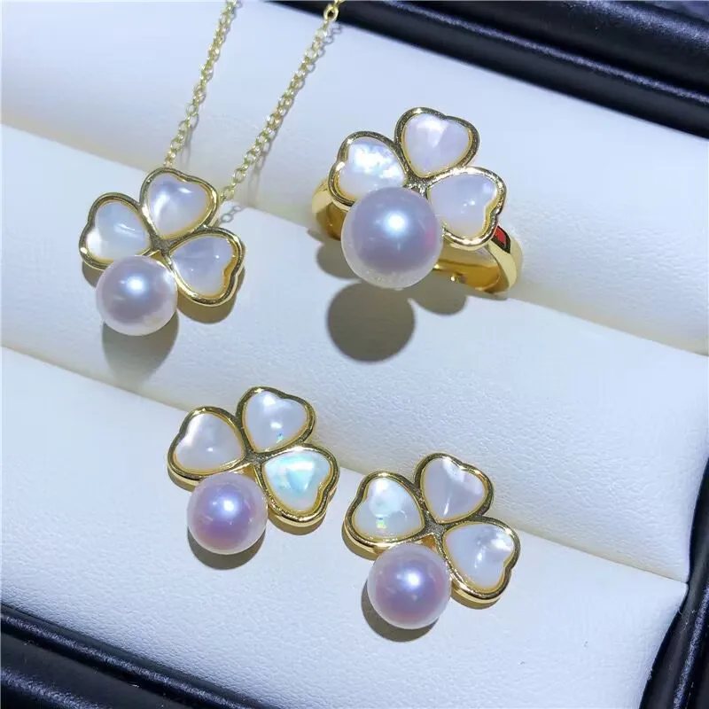 

Shell four-leaf Clover women's wedding jewelry Set Fashion pearl Open Ring 925 Silver needle small flower earrings for women