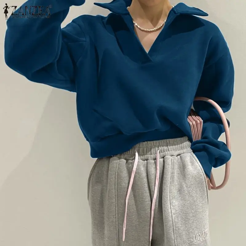 

2022 ZANZEA Fashion OL Women Sweatshirts Casual Solid Baggy Lapel Oversized Tops Wears Spring Autumn Long Sleeve Loose Pullovers