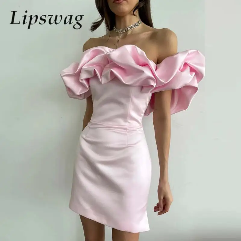 

Модное дизайнерское женское облегающее платье, элегантное цветочное лепестковое платье с рюшами и открытыми плечами, однотонное сексуальное женское мини-платье с открытой спиной