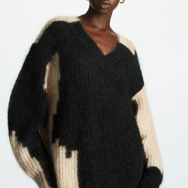 

Color Patchwork Women Mohair Blends Sweater Simple Long Sleeve V-neck Casual Female Loose knit Jumpers