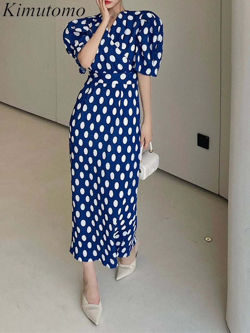 

Винтажное длинное платье Kimutomo в горошек с разрезом сзади, женские элегантные платья-трапеции с V-образным вырезом, рукавами-фонариками и выс...