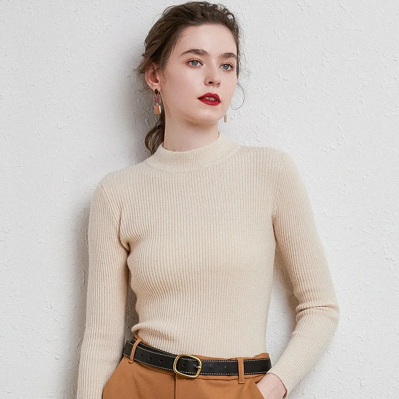 Matching Coat Mock Neck Sweater Women's Slim Fit Inner Wear Thickened Sweater Stretch Temperament Wild Stripe Bottoming Shirt