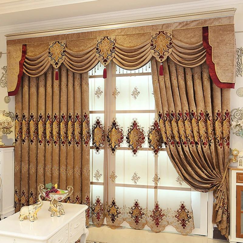 

European Curtains for Living Dining Bedroom Room High-end Blackout Valance Luxury Brown Chenille Sheer Pelmet Drape for Windows