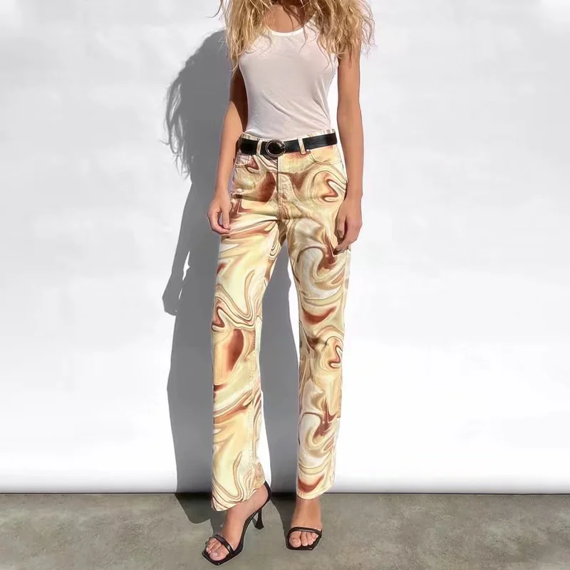 Bmissinyou Fashion Street Tie Dye Jeans High Wasit Straight Pants Ankle Length With Pocket Retro Femal Trousers Hot Mom 2023