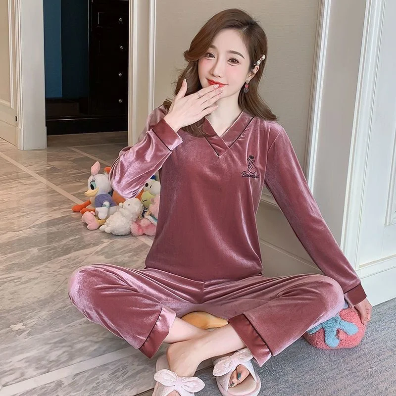 Velvet Princess Pajamas Set Sexy Lace Sleepwear For Women Full-Sleeve Autumn Soft Pyjama Women's Comfortable Sweet Homewear
