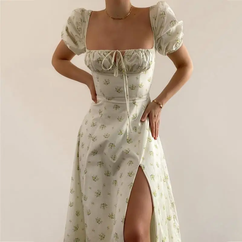 

New Women's Short Sleeve Puff Sleeve Square Neck Printed Slit Maxi Dress