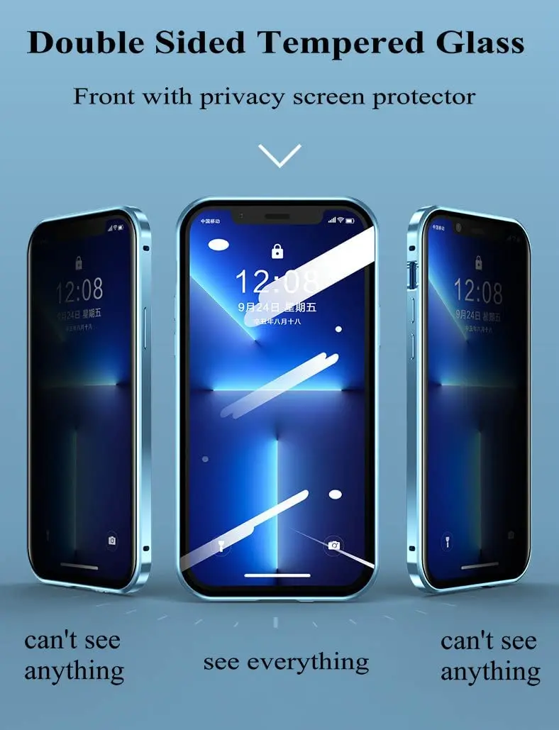 For IPhone 14 13 12 11 Pro Max Camera Lens Protection Luxury Metal Frame Privacy Double Sided Glass Double Snap Mount Phone Case