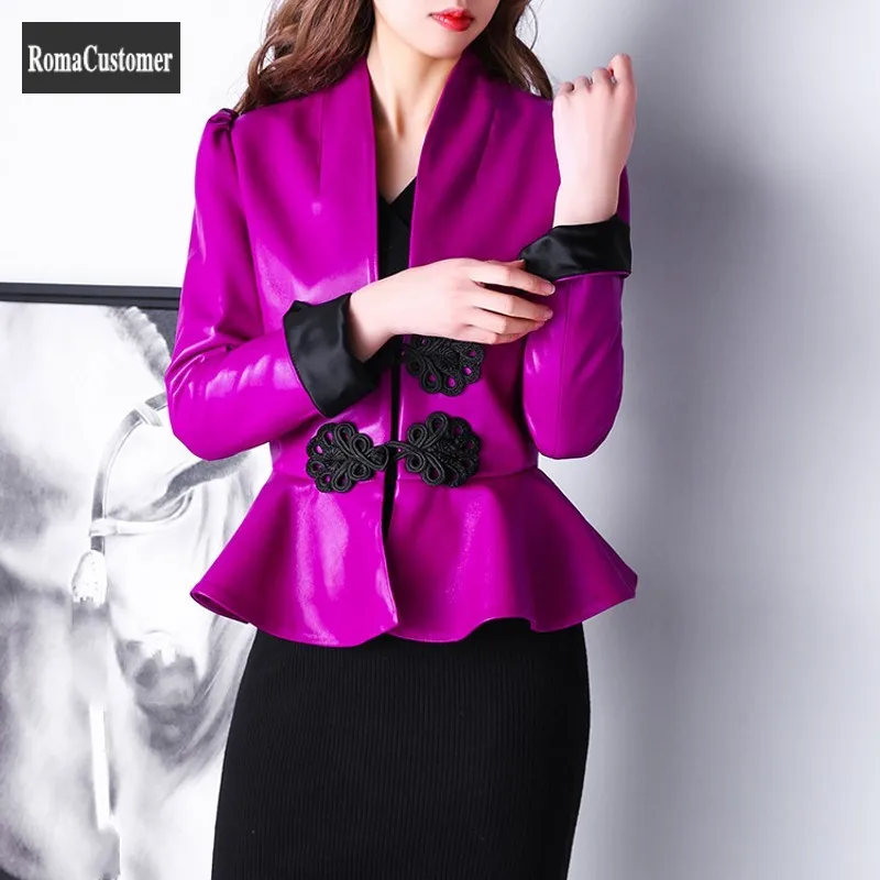 

Spring New Genuine Leather Sheepskin Mixed Colors Outerwear France Style Vintage Puff Sleeve Elegant Jackets Womens Coat