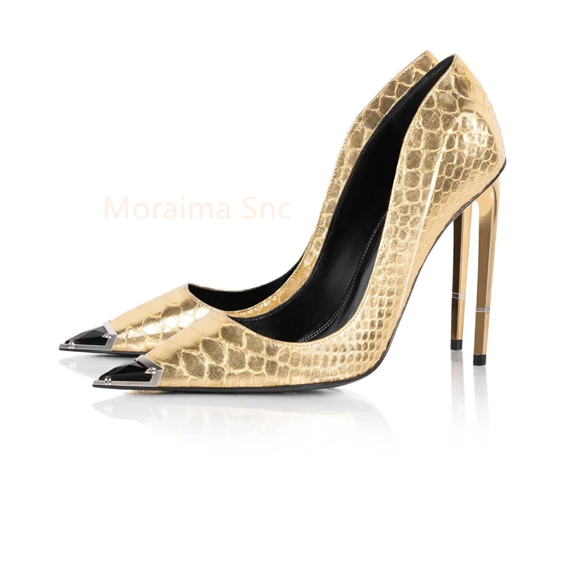 Snake Skin Pointed Toe High Heels Women Pumps Metal Decor Designer New Shallow Stiletto Sexy Single Shoes Women Party Wedding