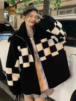 deeptown high street zip up plaid quilted coat women harajuku lamb wool jacket retro patchwork loose winter outwear preppy style
