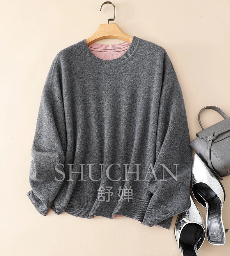 Двусторонний кашемировый свитер 100% Свободный пуловер с круглым вырезом из