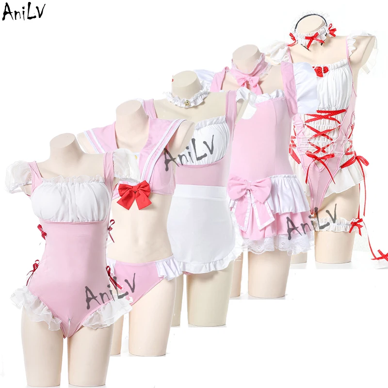 AniLV Lolita Girl Maid Swimsuit With Chest Pad Uniform Series Anime Pink Bodysuit Sukumizu Swimwear Pajamas Costume Cosplay