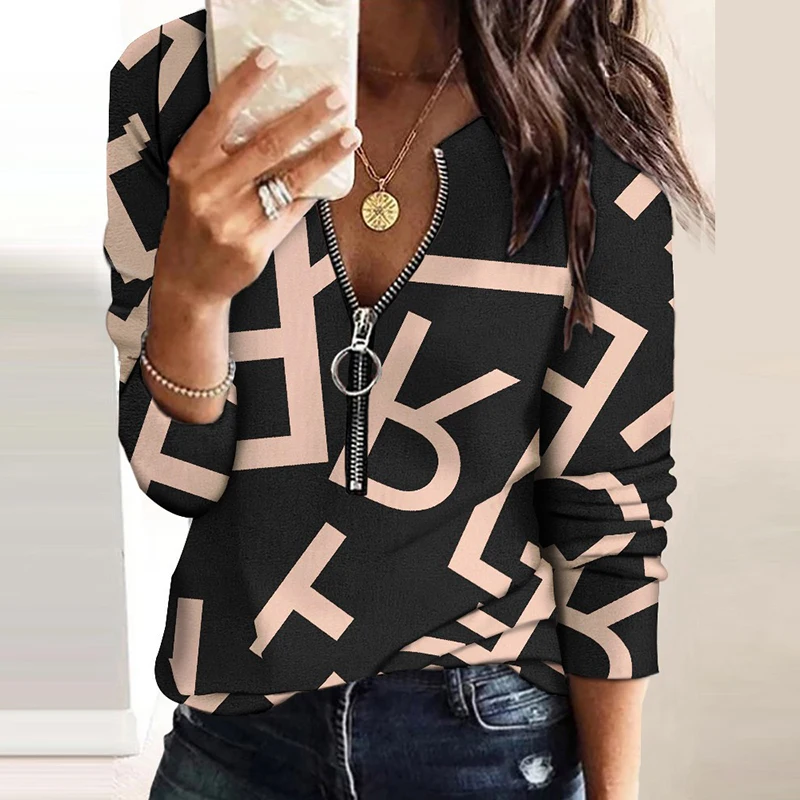 Женская винтажная блузка на молнии с геометрическим принтом сезон весна-осень 2022