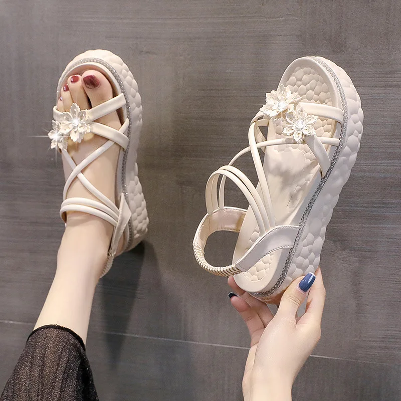 

Женские босоножки на низком каблуке, Бежевые босоножки с круглым носком, на ремешках, удобные сандалии-гладиаторы на плоской подошве, лето ...