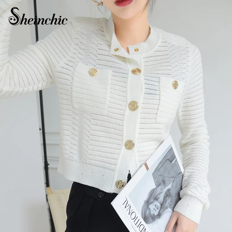 

Корейская модная одежда, лето 2022, тонкий белый и черный вязаный свитер, Женская Роскошная золотая модель