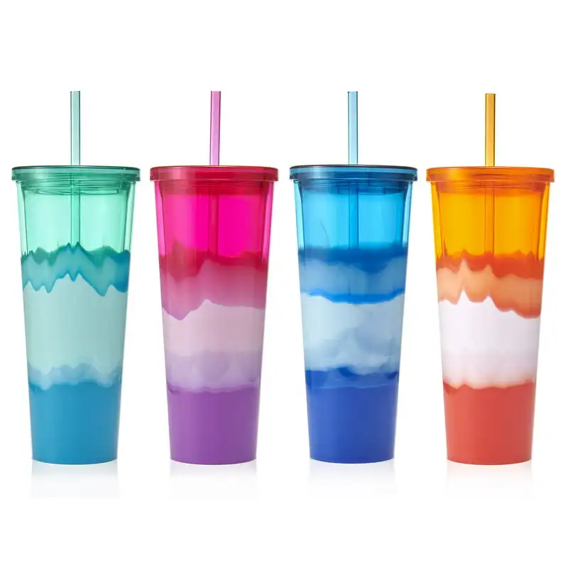 

Durable Double Wall Oz Plastic Tumbler with Attractive Blue Tinted Straw, Perfect for On-the-go Lifestyle.