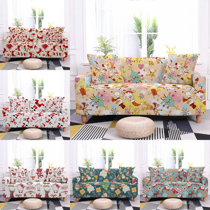

High Quality Soft Polyester Sofa Covers for Christmas Cartoon Santa Printed Sofa Slip Cover L Shape Couch Cover 1/2/3/4 Seaters