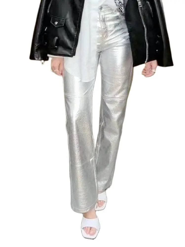 2023 New Fashion Women Vintage High Waist Reflective Silver Straight PU Baggy Pants Lady Bodycon Faux Leather Glitter Trousers