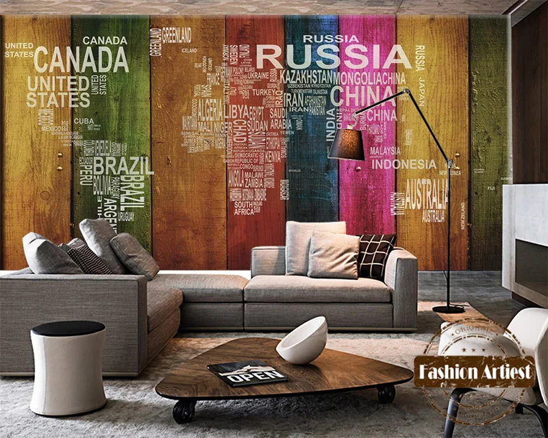 

Настенные 3D-обои на заказ, винтажная цветная деревянная доска, Карта мира, настенный Телевизор, диван, спальня, гостиная, кафе, бар, ресторан, ...