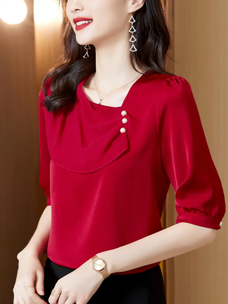 

Блузка женская шифоновая с круглым вырезом, модная однотонная короткая рубашка с вышивкой, топ в офисном стиле, весна-лето 2023